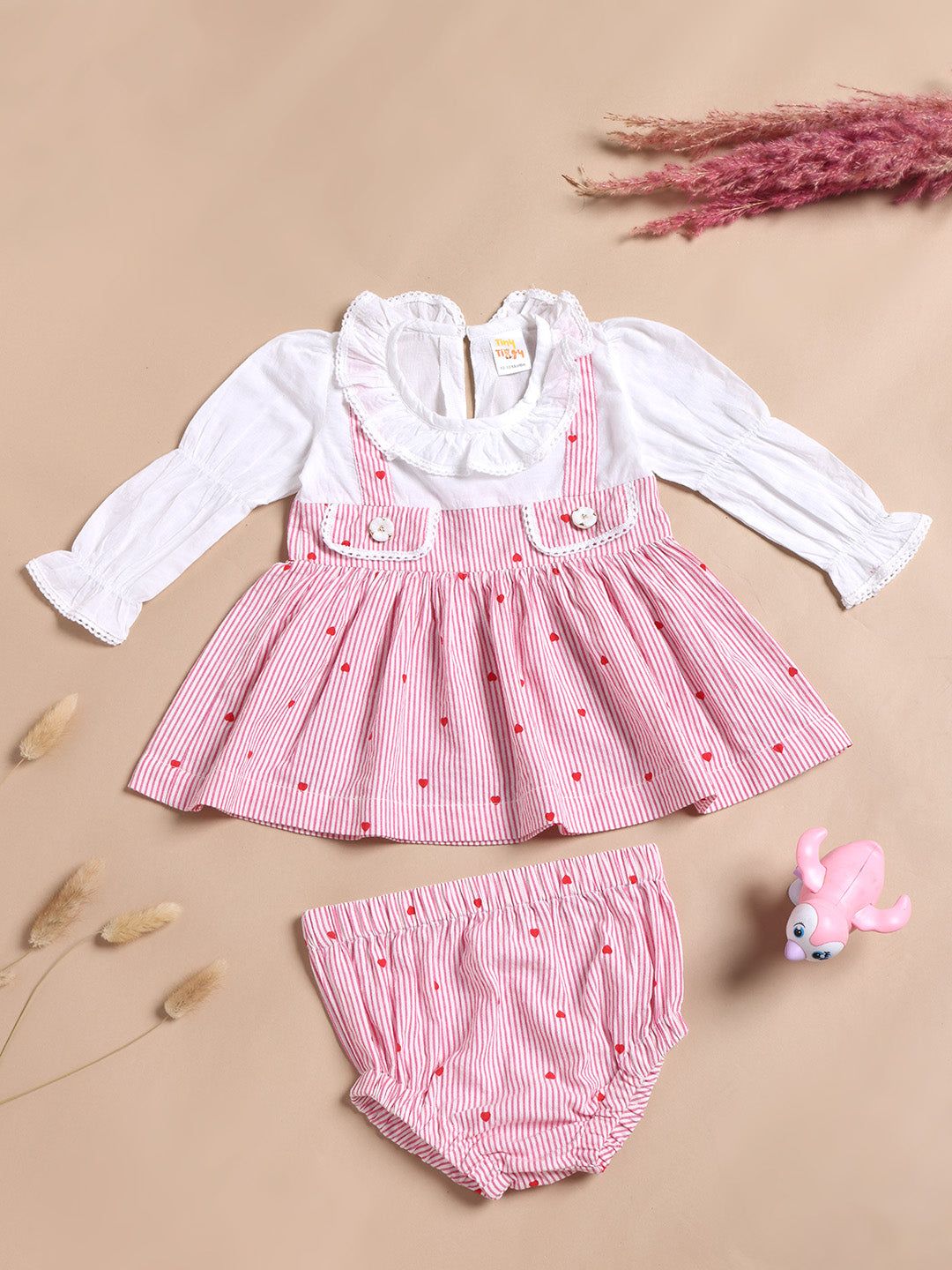 Baby Girls Premium Pink Heart Striped Pinafore Frock Matching Shorts