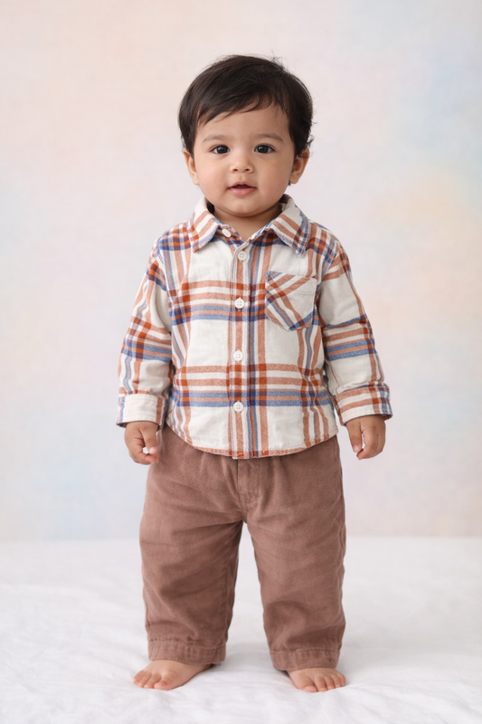 Baby Boys Cotton Checked Full Sleeve Shirt & Corduroy Trouser Set
