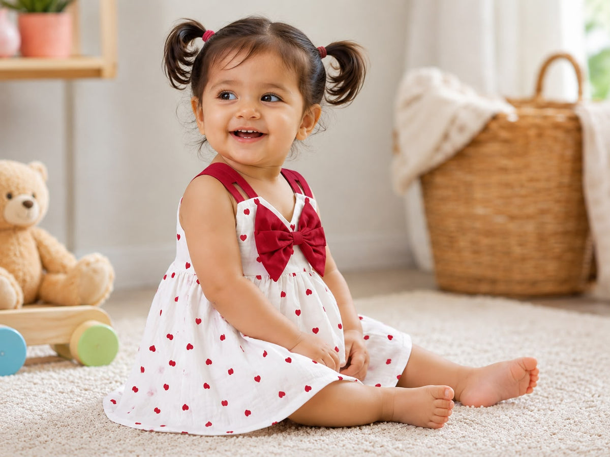 Organic Muslin Red Heart Frock with Bow