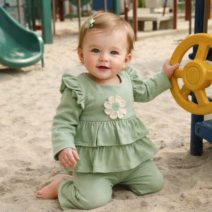 Bamboo Cotton Co-ord set with Handwoven Crochet Flower & Detachable Sleeves
