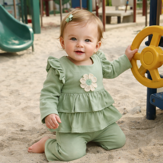 Bamboo Cotton Co-ord set with Handwoven Crochet Flower & Detachable Sleeves