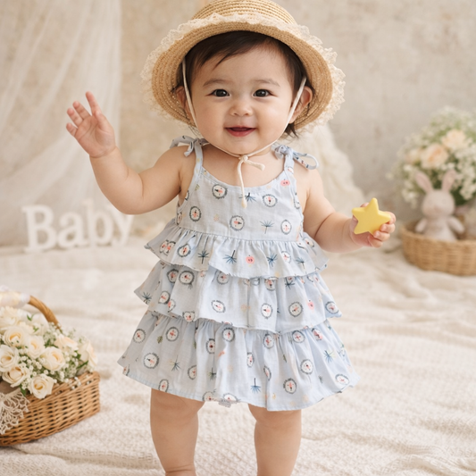 Baby Girl Cotton Printed Frock | Sleeveless Tiered Summer Dress for Infants