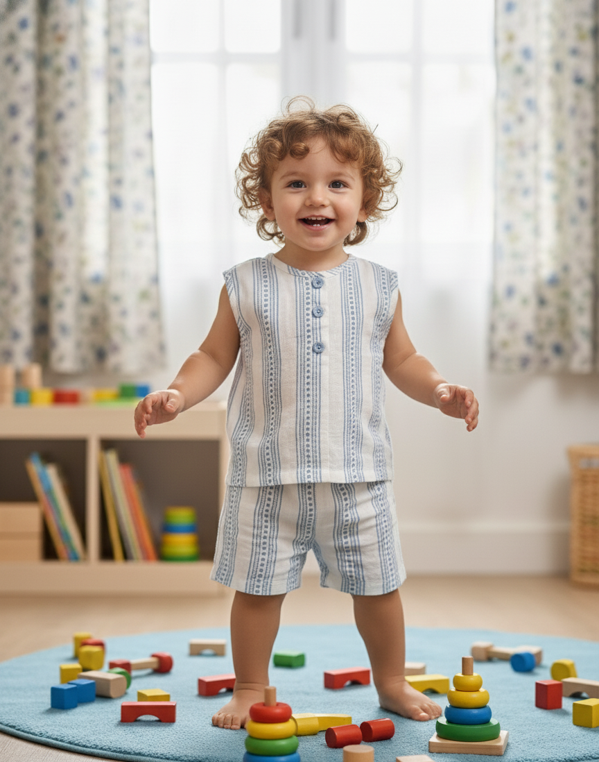 100% Cotton Baby Boy Outfit Set - Adorable Striped Sleeveless Shirt & Shorts
