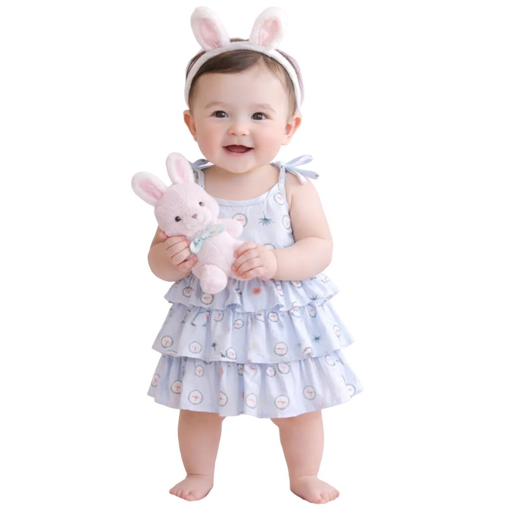 Baby in a light blue dress standing on a pink background with decorative elements.