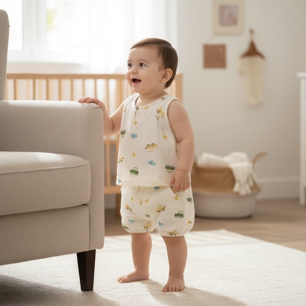 Organic Muslin Little Wheels Print Co-ord Set