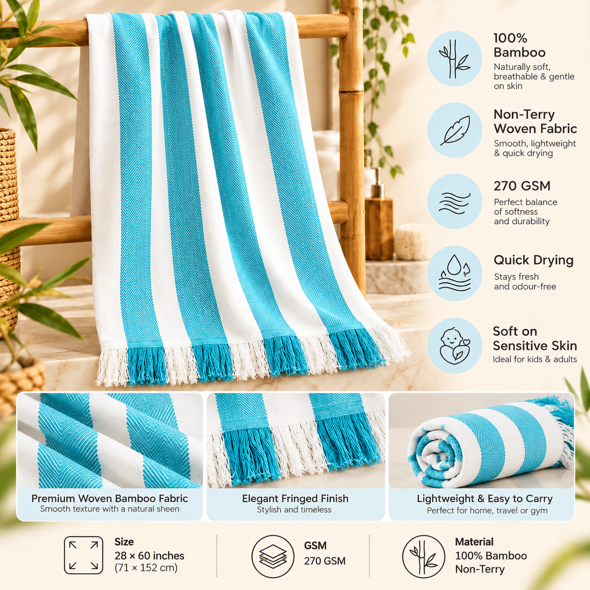 100% Bamboo Non-Terry Bath Towel | Lightweight, Soft & Quick Drying | 270 GSM-blue