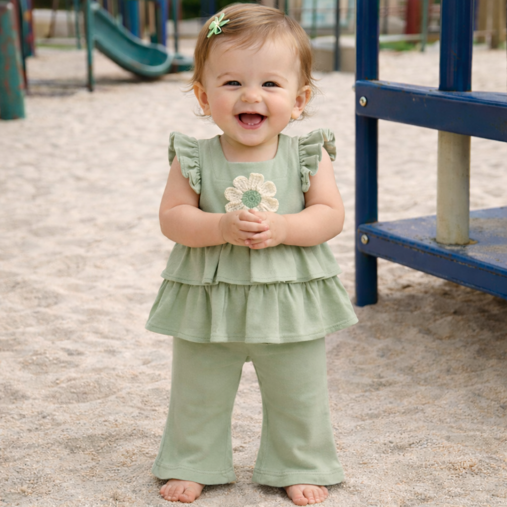 Bamboo Cotton Co-ord set with Handwoven Crochet Flower & Detachable Sleeves