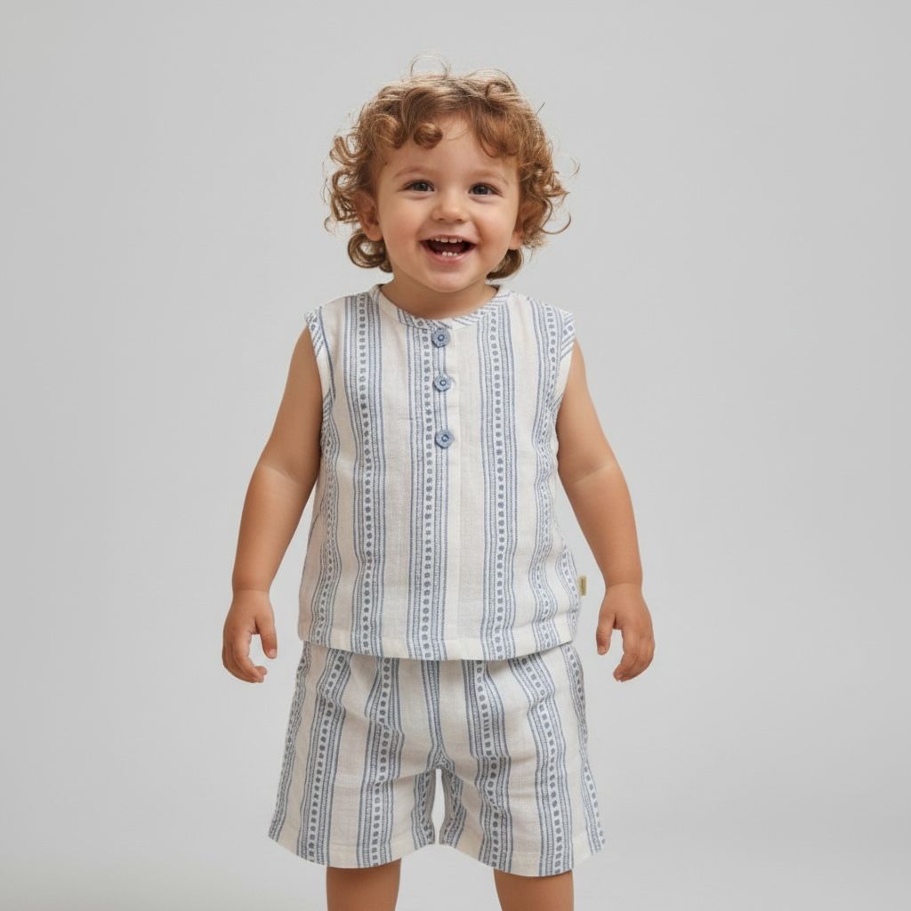 100% Cotton Baby Boy Outfit Set - Adorable Striped Sleeveless Shirt & Shorts