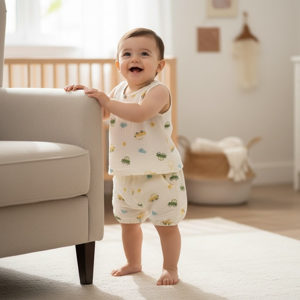 Organic Muslin Little Wheels Print Co-ord Set