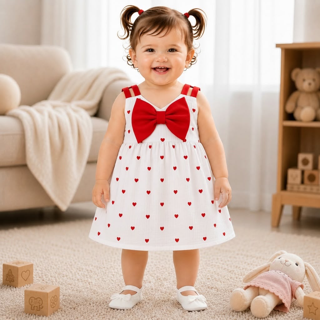 Organic Muslin Red Heart Frock with Bow