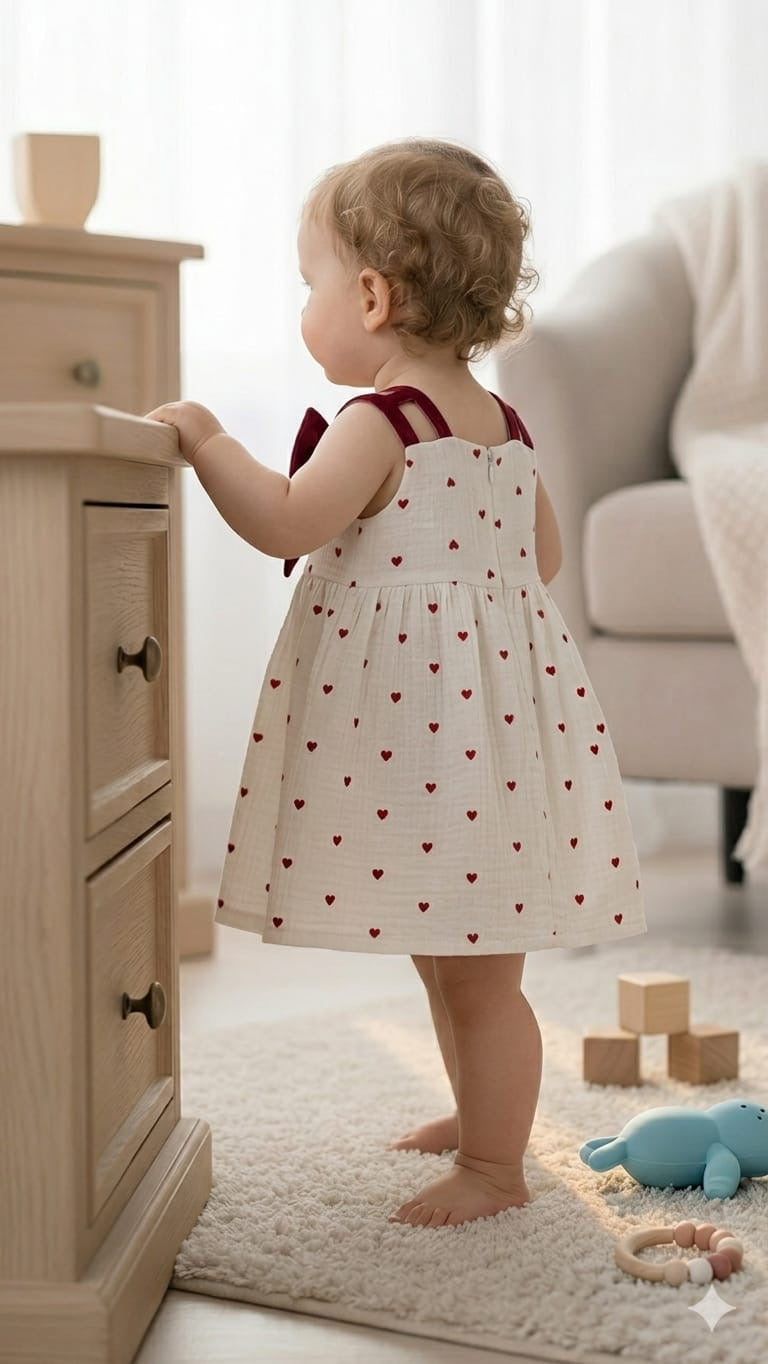 Baby Girls Premium Double Voile Cotton Heart Print Frock