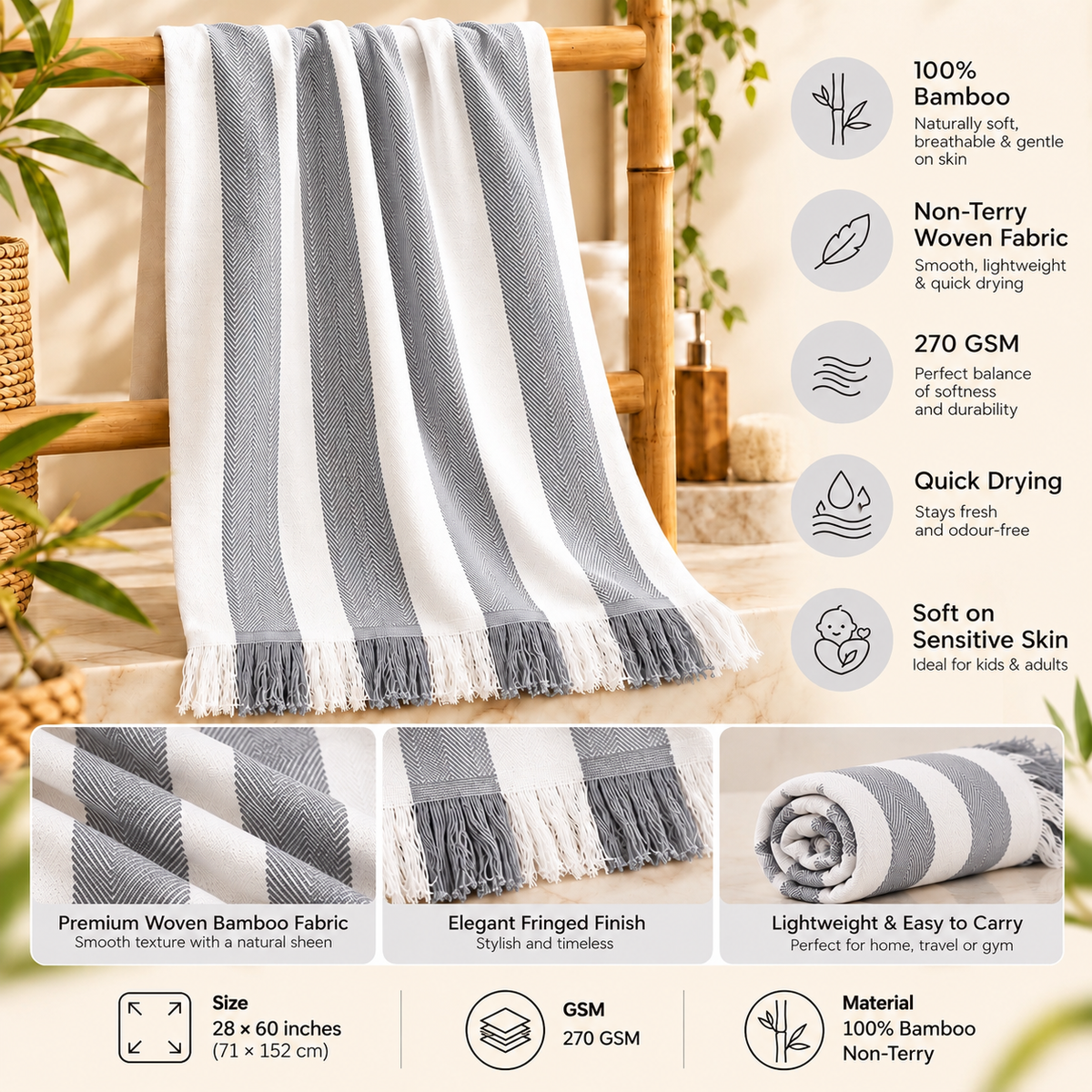 100% Bamboo Non-Terry Bath Towel | Lightweight, Soft & Quick Drying | 270 GSM-gray