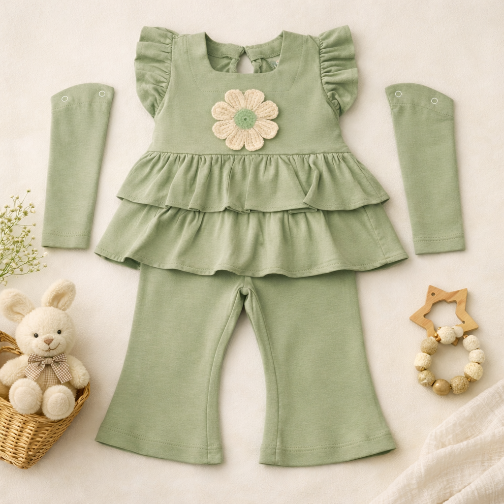 Bamboo Cotton Co-ord set with Handwoven Crochet Flower & Detachable Sleeves