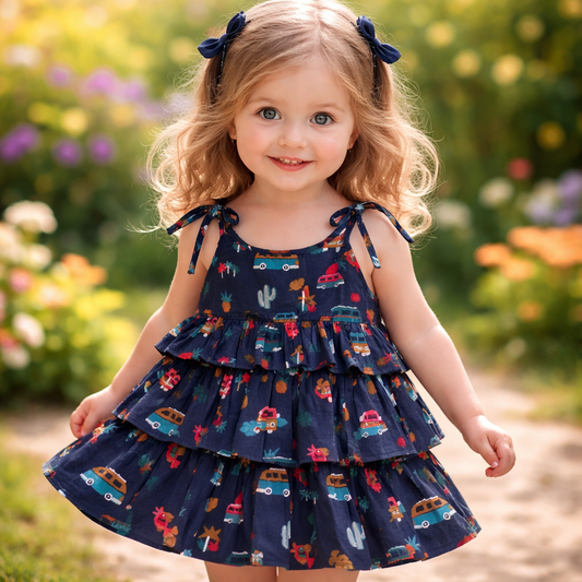 Baby Girl Cotton Printed Frock | Sleeveless Tiered Summer Dress