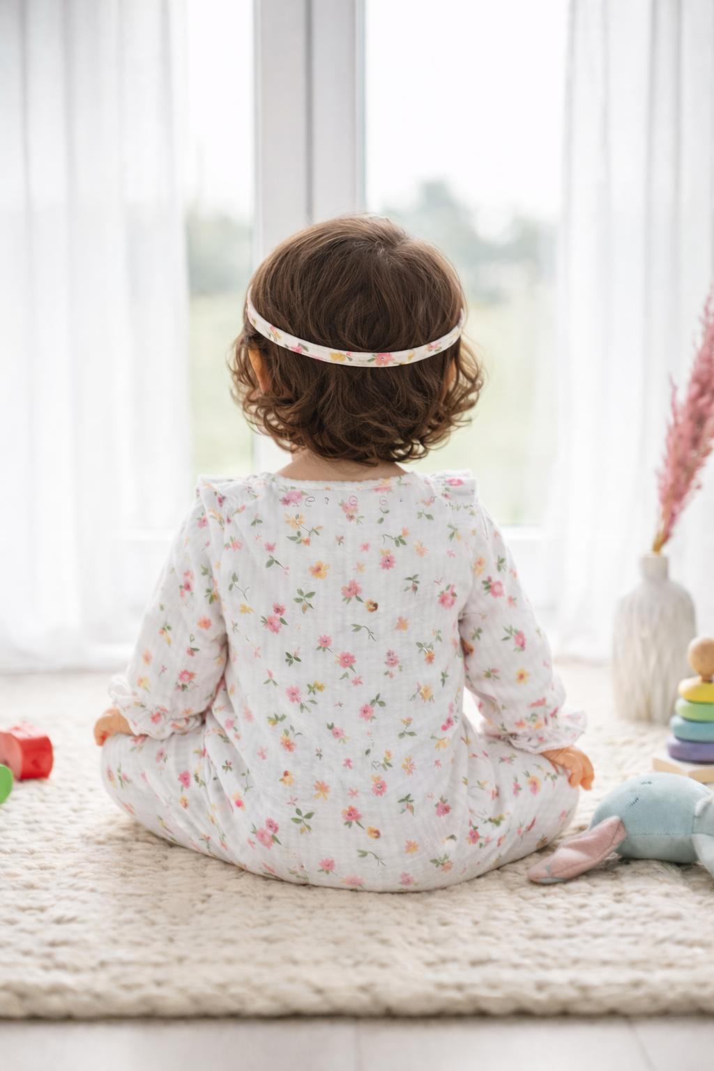 Floral 100% Cotton Baby Girl Romper with Headband Set | Soft Cotton Long Sleeve Jumpsuit