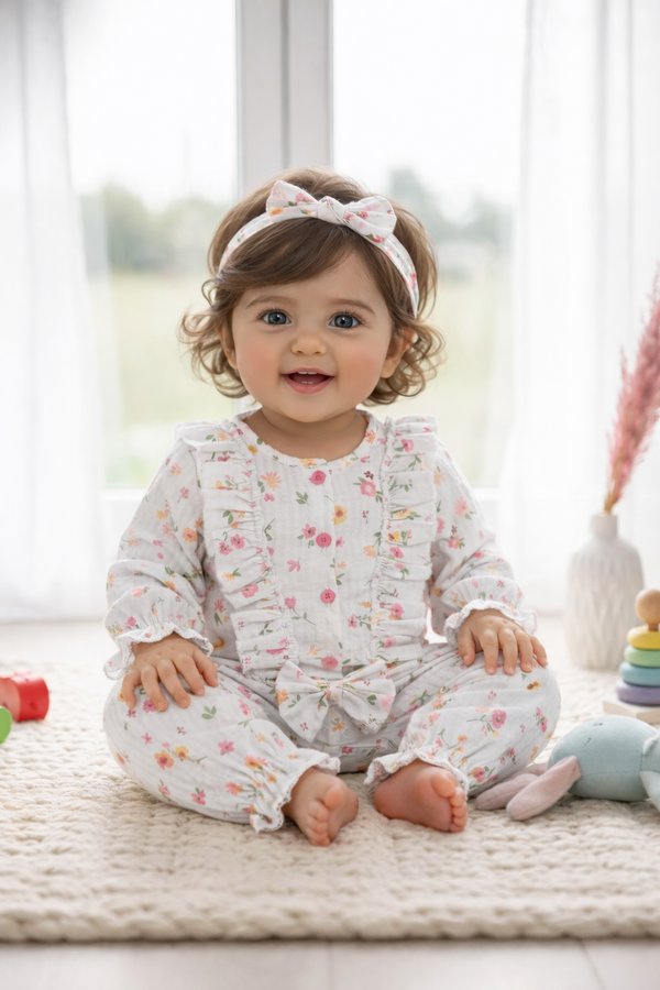 Floral 100% Cotton Baby Girl Romper with Headband Set | Soft Cotton Long Sleeve Jumpsuit