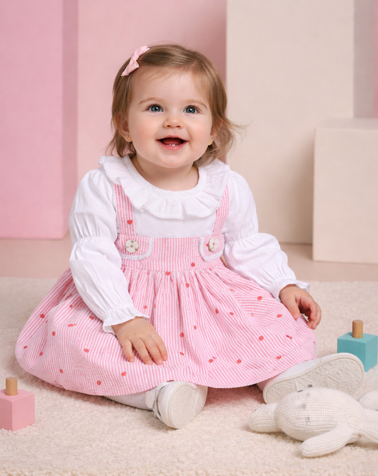 Baby Girls Premium Pink Heart Striped Pinafore Frock Matching Shorts