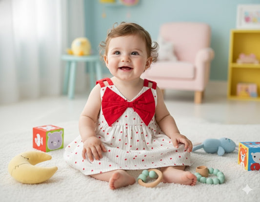 Baby Girls Pure Cotton Heart Print Frock with Red Bow in front