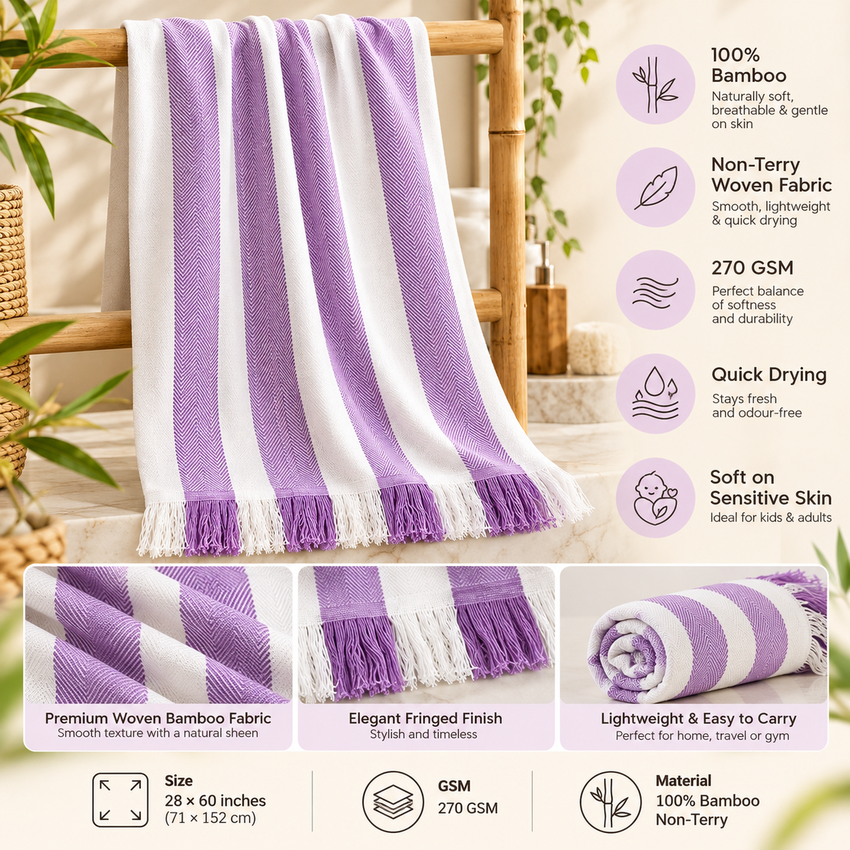 100% Bamboo Non-Terry Bath Towel | Lightweight, Soft & Quick Drying | 270 GSM- Purple