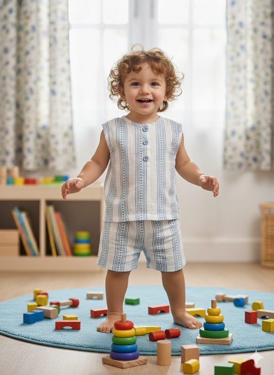 100% Cotton Baby Boy Outfit Set – Adorable Striped Sleeveless Shirt & Shorts