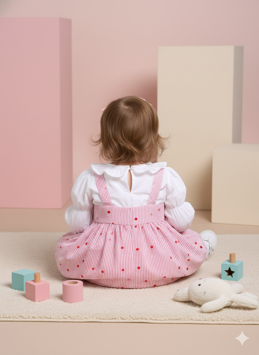 Baby Girls Premium Pink Heart Striped Pinafore Frock Matching Shorts