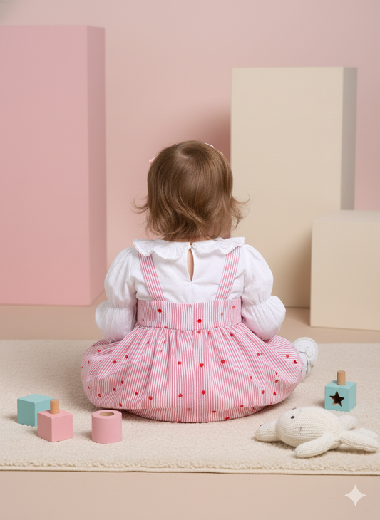 Baby Girls Premium Pink Heart Striped Pinafore Frock Matching Shorts