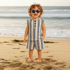 100% Cotton Baby Boy Outfit Set - Adorable Striped Sleeveless Shirt & Shorts