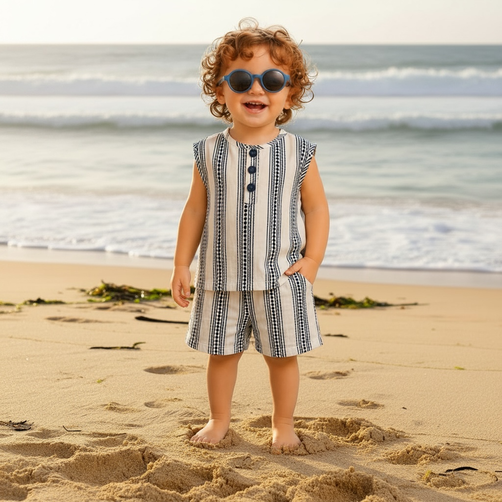 100% Cotton Baby Boy Outfit Set - Adorable Striped Sleeveless Shirt & Shorts