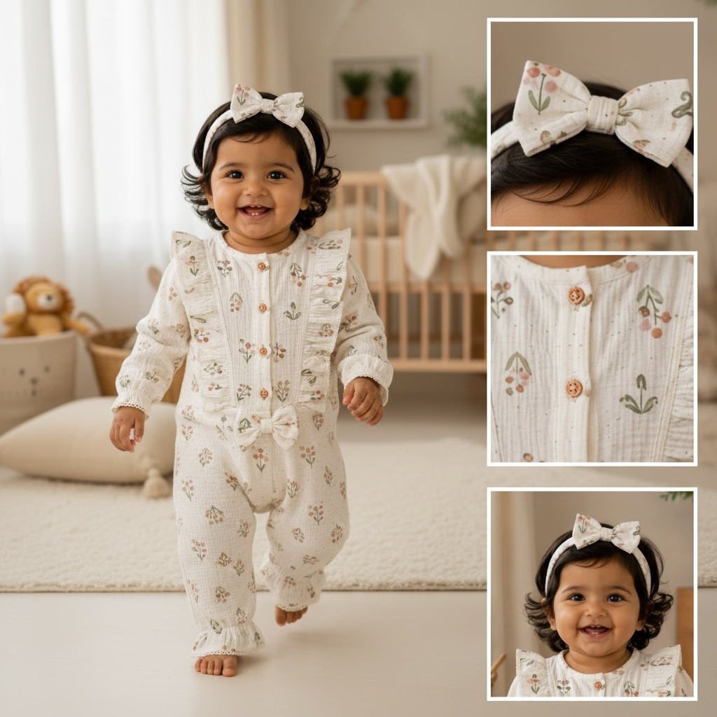 Organic Muslin Baby Girl Romper with Matching Hairband