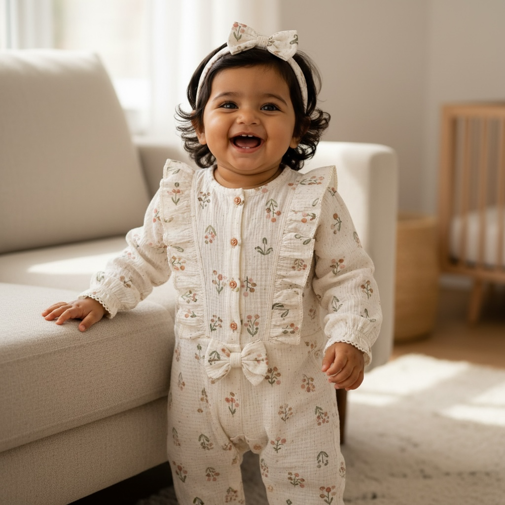 Organic Muslin Baby Girl Romper with Matching Hairband
