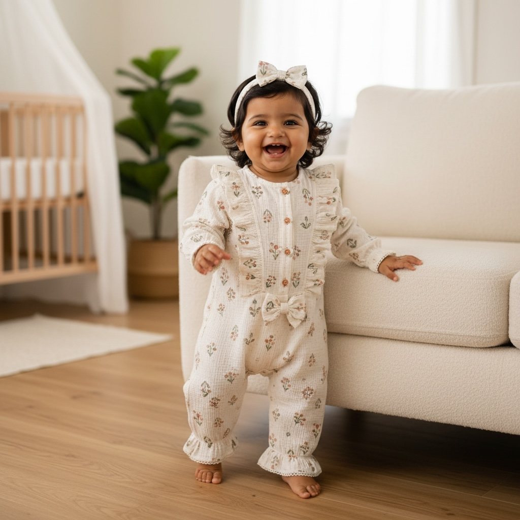 Organic Muslin Baby Girl Romper with Matching Hairband