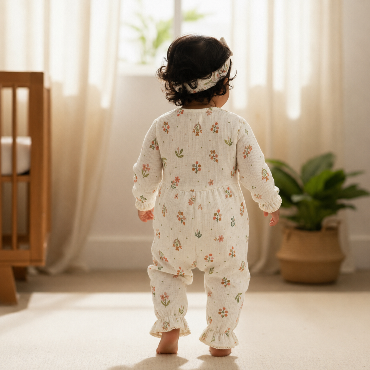 Organic Muslin Baby Girl Romper with Matching Hairband