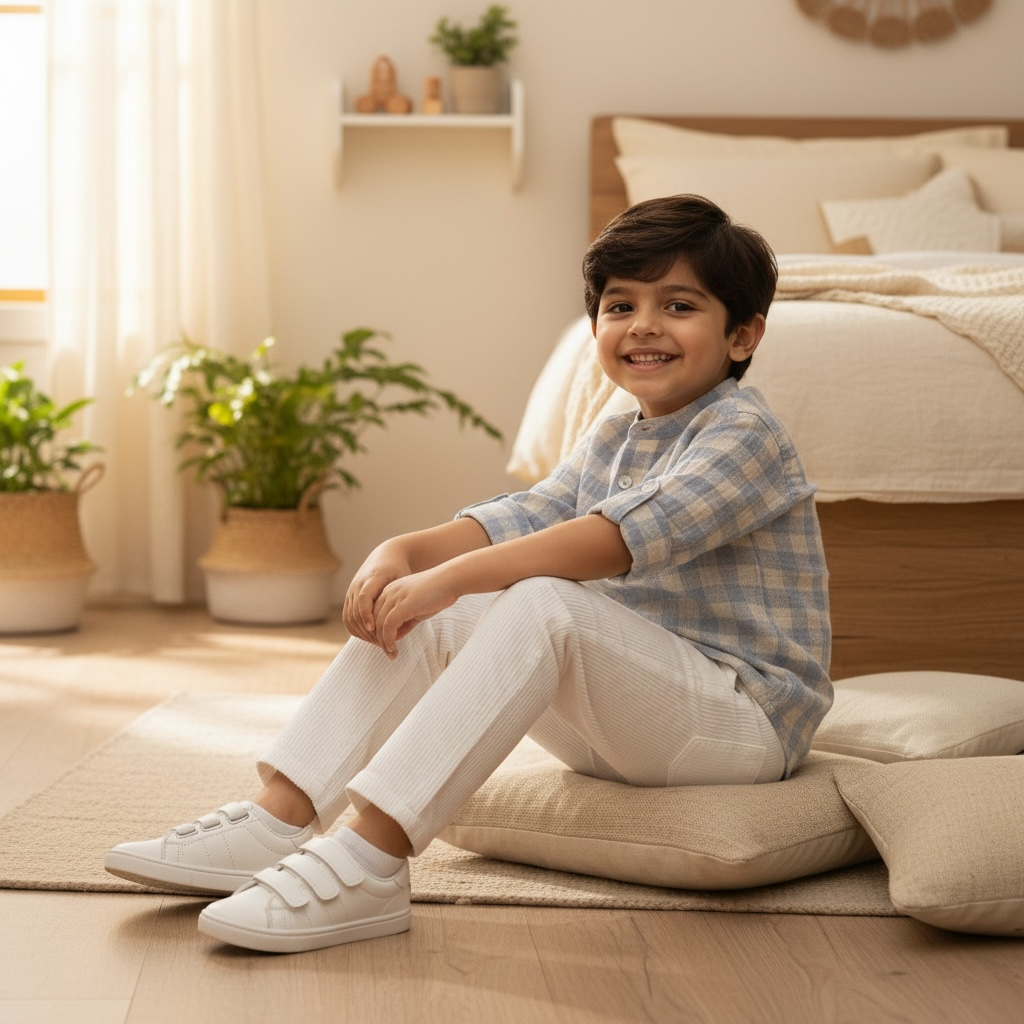 Organic Muslin Mandarin Collar Shirt with Corduroy Trouser