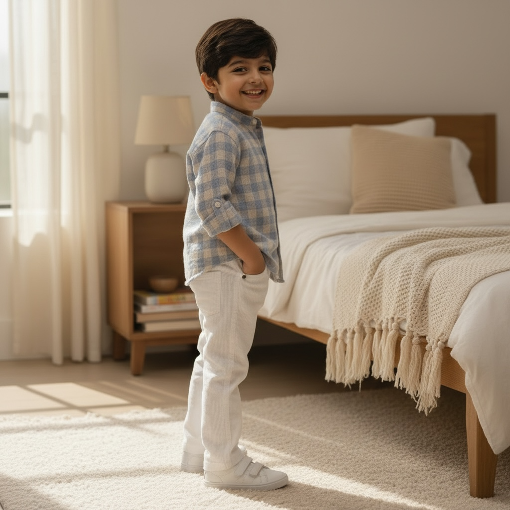 Organic Muslin Mandarin Collar Shirt with Corduroy Trouser