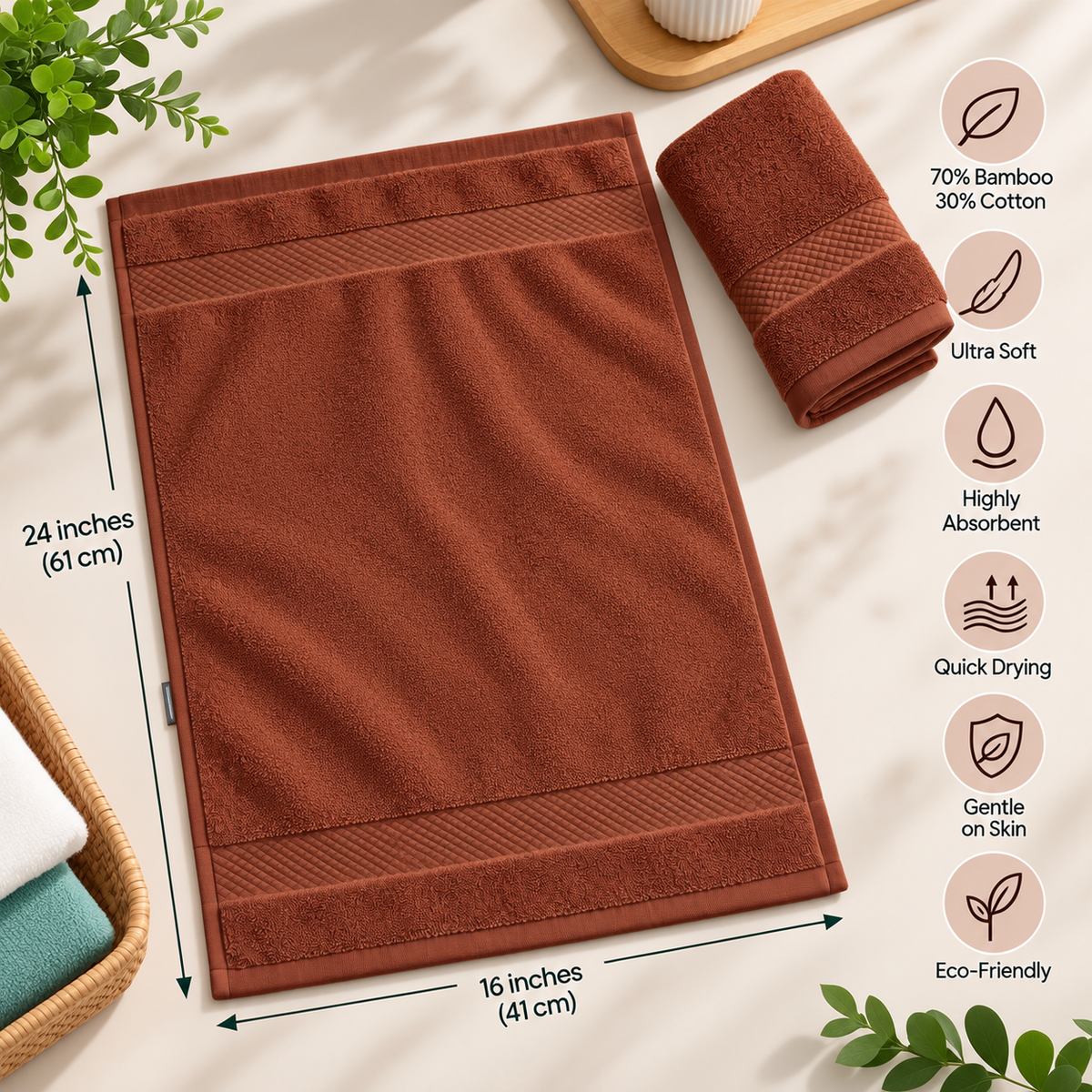 Bamboo Bliss Hand Towels Pack of 2-Super Soft & Quick Drying, 41 × 61 cm
