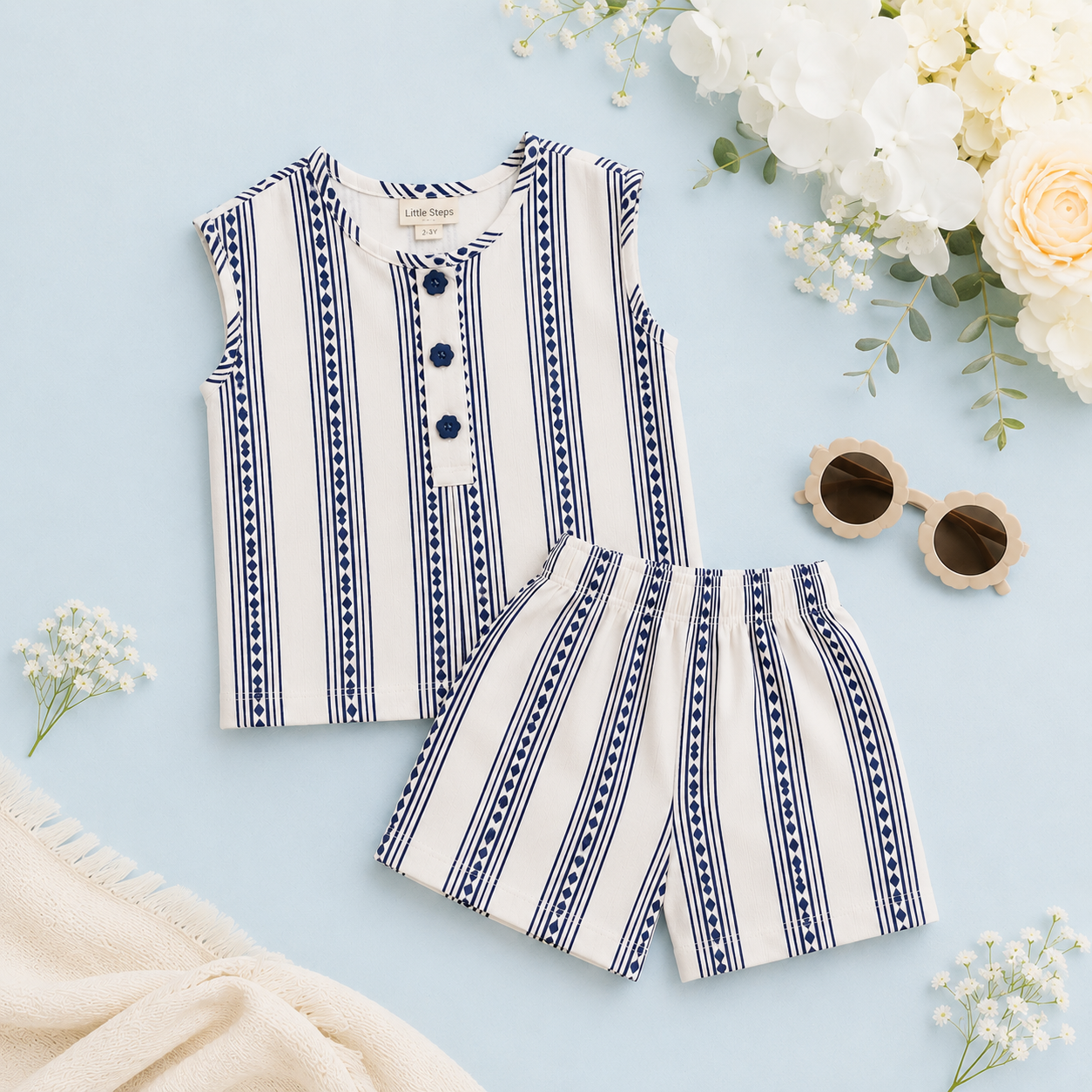 100% Cotton Baby Boy Outfit Set - Adorable Striped Sleeveless Shirt & Shorts