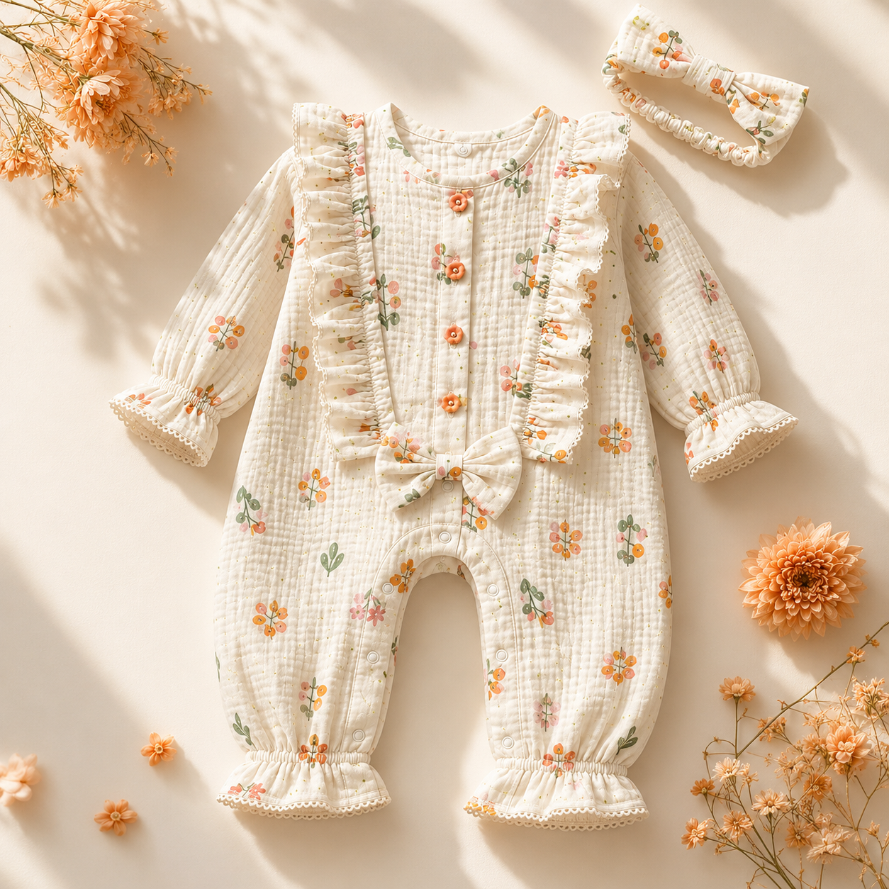 Organic Muslin Baby Girl Romper with Matching Hairband