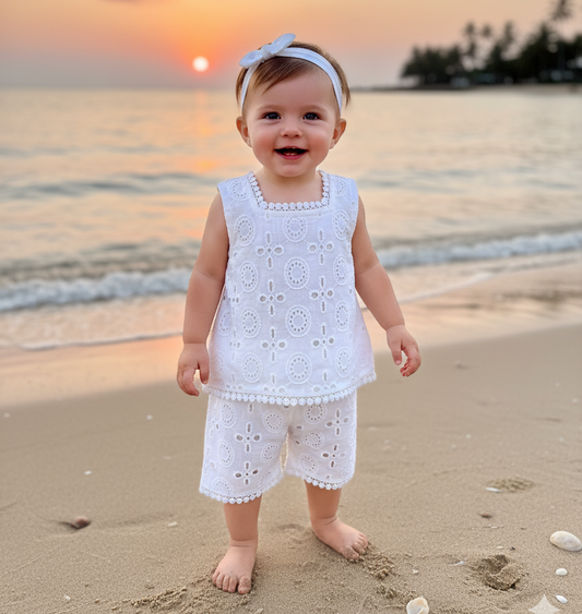 Baby Girl Summer Eyelet Embroidery Set – Lightweight White Top & Shorts