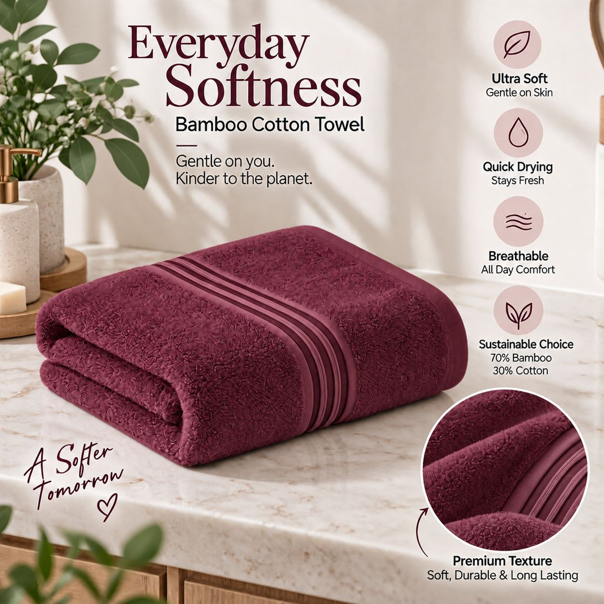 Bamboo Bliss Bath Terry Towels-  Pack of 2 -Super Soft & Quick Drying, 51 ×101 cm