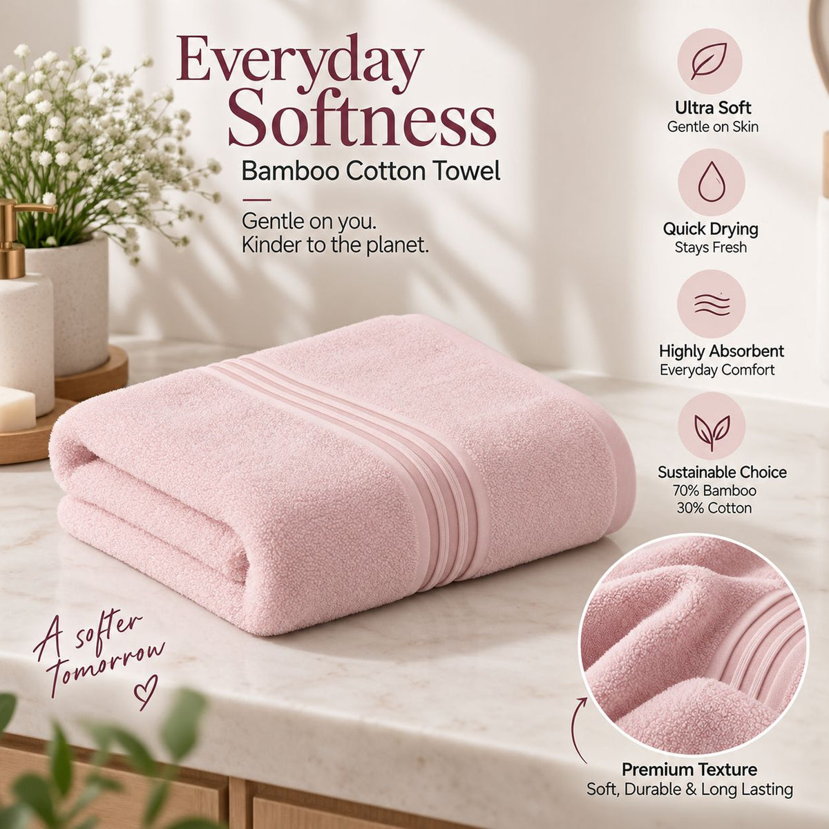 Bamboo Bliss Bath Terry Towels-Pink-Super Soft & Quick Drying, 51 ×101 cm