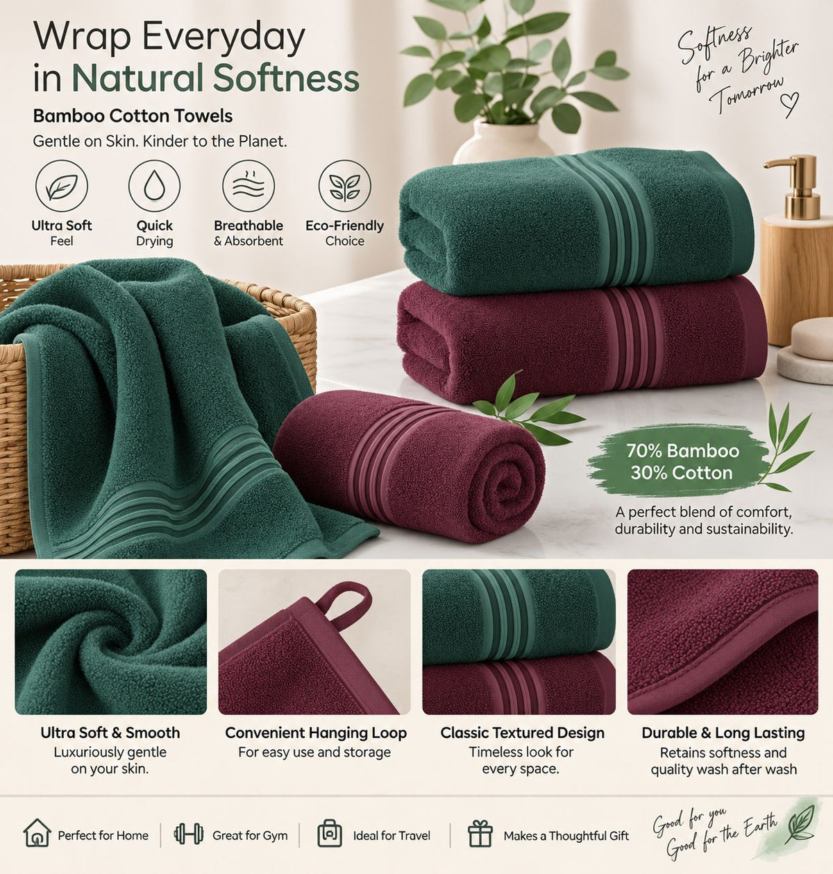 Bamboo Bliss Bath Terry Towels -Super Soft & Quick Drying, 51 ×101 cm