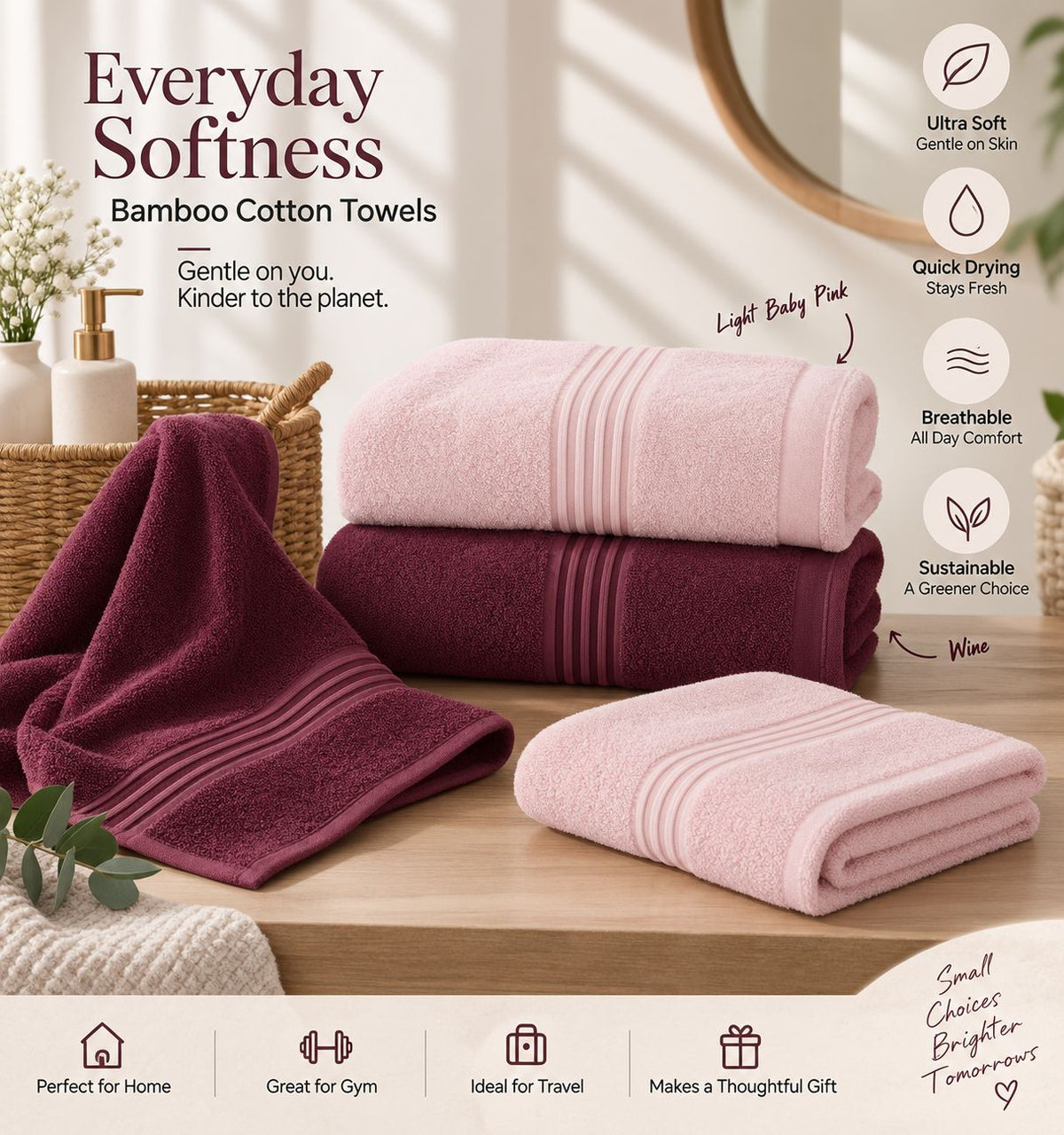 Bamboo Bliss Bath Terry Towels-Pink-Super Soft & Quick Drying, 51 ×101 cm