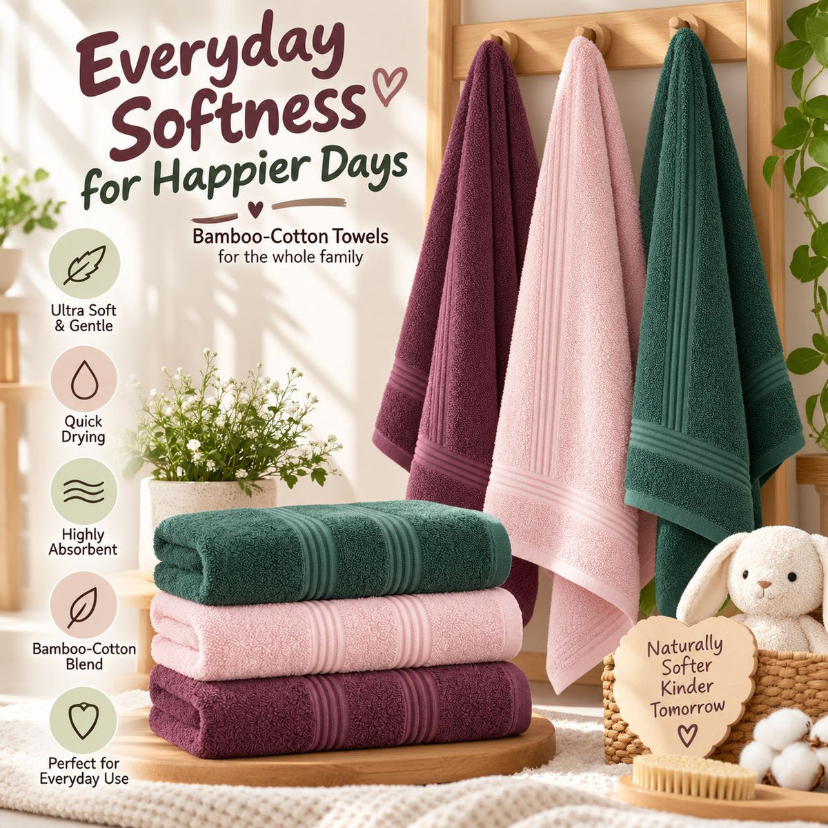 Bamboo Bliss Bath Terry Towels -Super Soft & Quick Drying, 51 ×101 cm