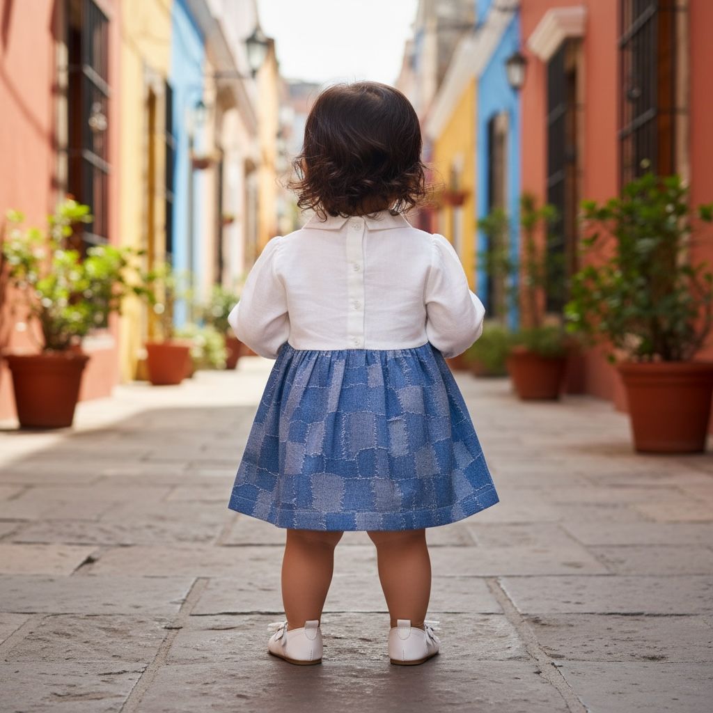 Baby Girl Premium Cotton Denim Frock with attached White shirt