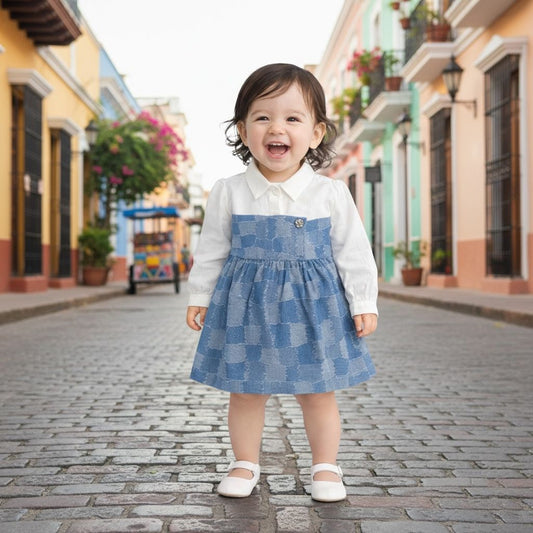 Baby Girl Premium Cotton Denim Frock with attached White shirt