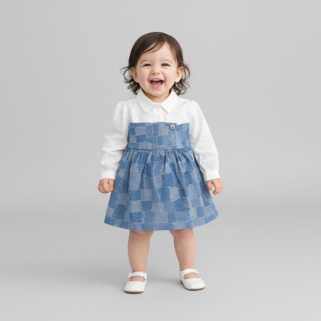 Baby Girl Premium Cotton Denim Frock with attached White shirt