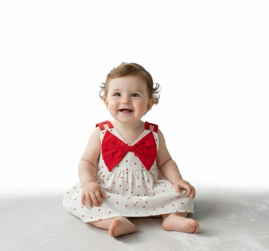 Baby Girls Pure Cotton Heart Print Frock with Red Bow in front