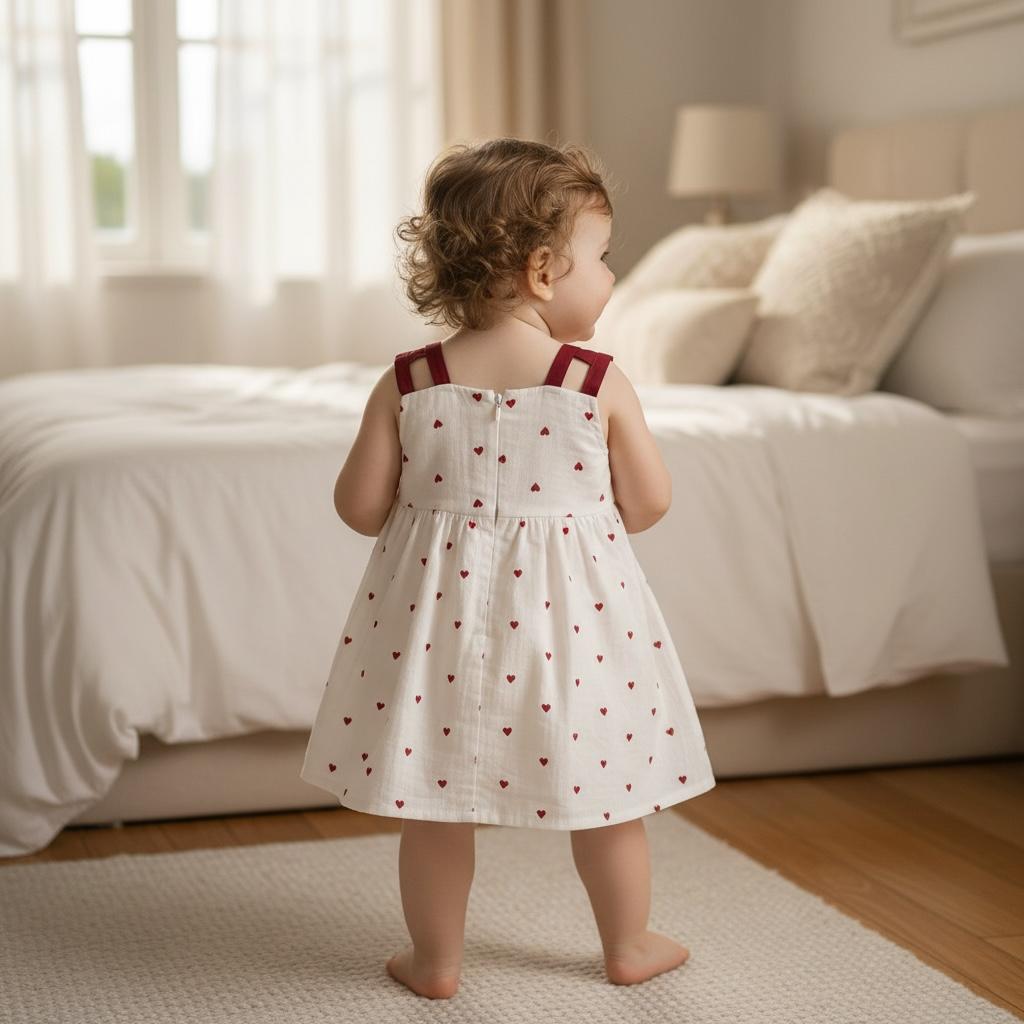 Baby Girls Premium Double Voile Cotton Heart Print Frock
